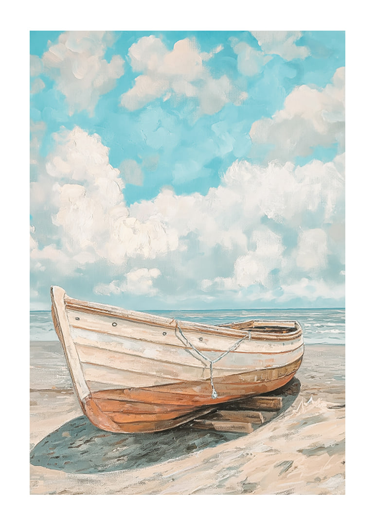 Ein Poster eines klassischen Holzboots, das an einem sonnigen Strand mit dem Meer im Hintergrund ruht-12