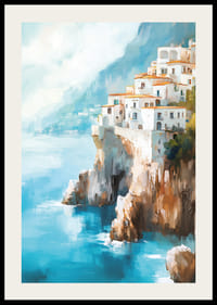 Juliste viehättävästä rannikkokaupungista kiipeämässä ylös dramaattisia kallioita sinisen Välimeren rannalla-2