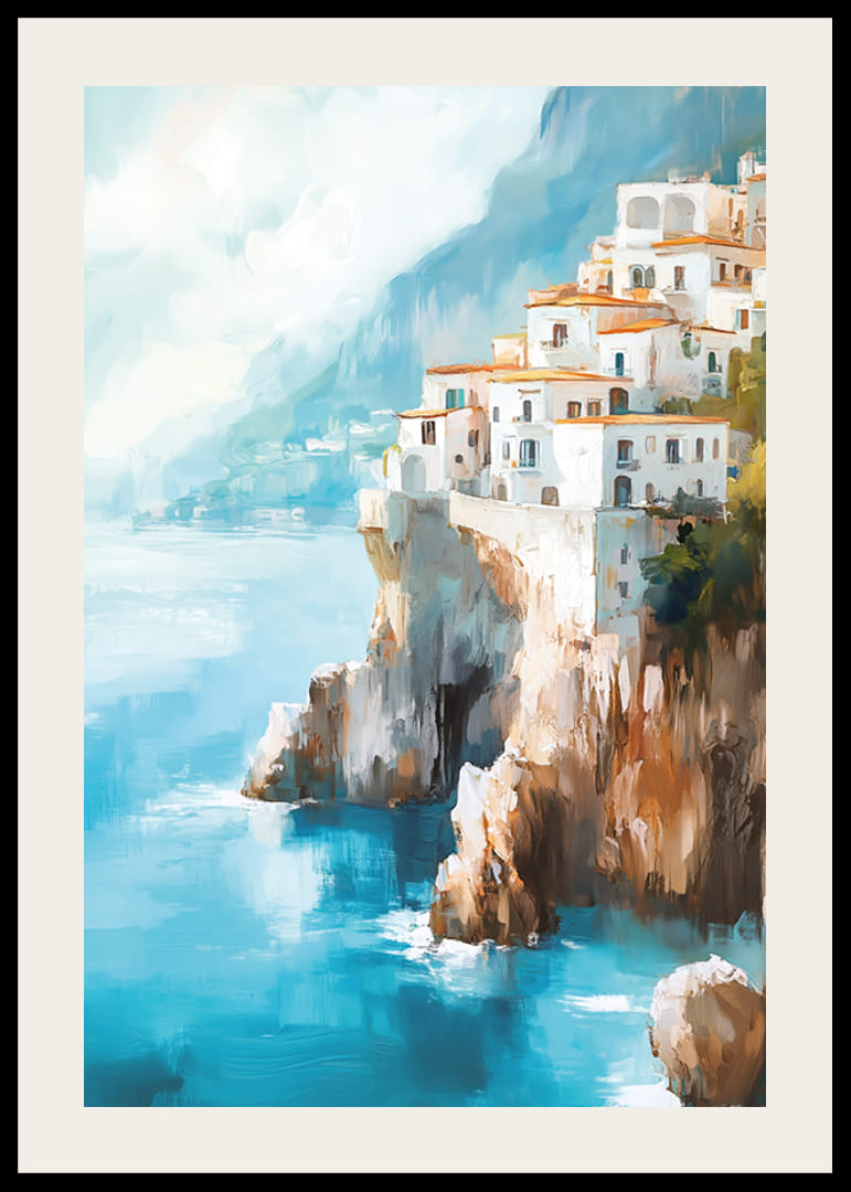 Juliste viehättävästä rannikkokaupungista kiipeämässä ylös dramaattisia kallioita sinisen Välimeren rannalla-12