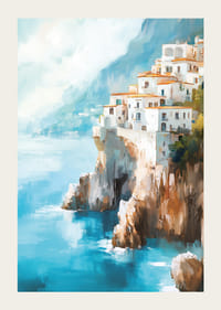 Juliste viehättävästä rannikkokaupungista kiipeämässä ylös dramaattisia kallioita sinisen Välimeren rannalla-3