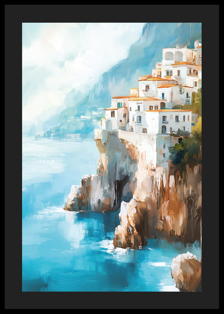 A poster of a picturesque coastal town climbing up dramatic cliffs by the blue Mediterranean Sea-12