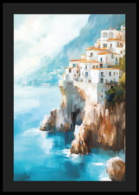 Juliste viehättävästä rannikkokaupungista kiipeämässä ylös dramaattisia kallioita sinisen Välimeren rannalla-4