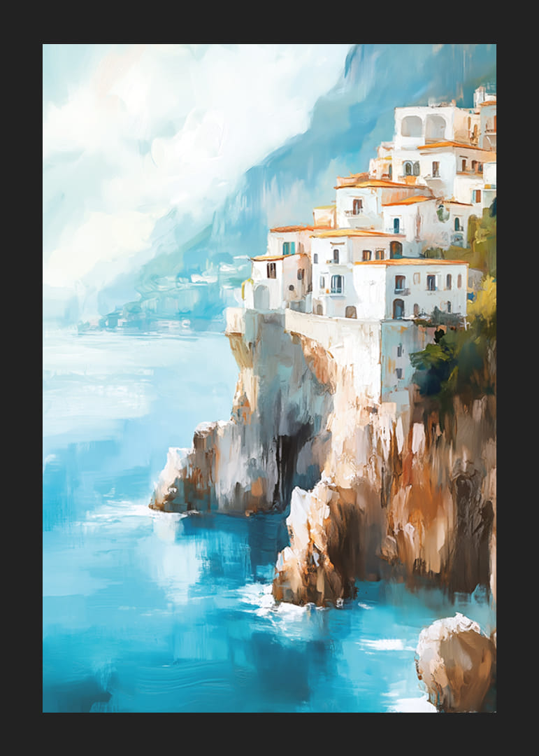 Juliste viehättävästä rannikkokaupungista kiipeämässä ylös dramaattisia kallioita sinisen Välimeren rannalla-12