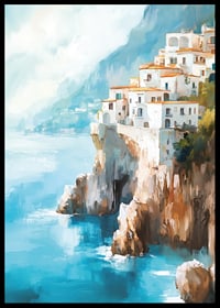 A poster of a picturesque coastal town climbing up dramatic cliffs by the blue Mediterranean Sea-6