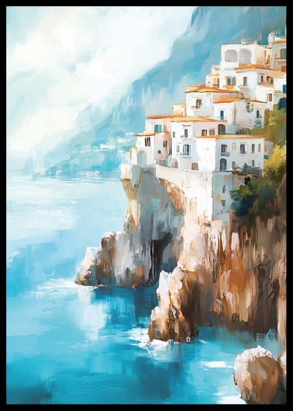 A poster of a picturesque coastal town climbing up dramatic cliffs by the blue Mediterranean Sea-12