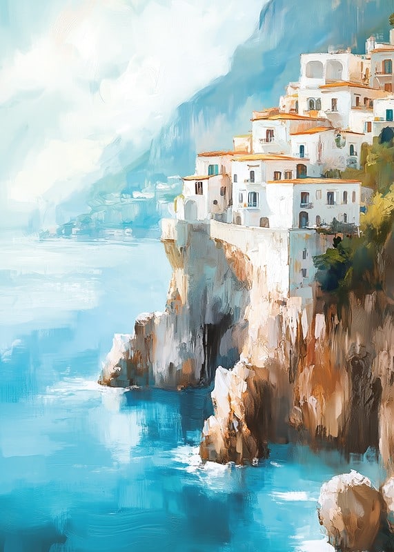 A poster of a picturesque coastal town climbing up dramatic cliffs by the blue Mediterranean Sea-12