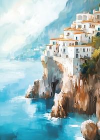 Un afiș cu un oraș de coastă pitoresc urcând pe stânci dramatice de lângă albastrul Mării Mediterane-3