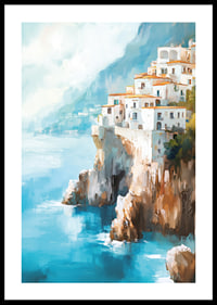 A poster of a picturesque coastal town climbing up dramatic cliffs by the blue Mediterranean Sea-0