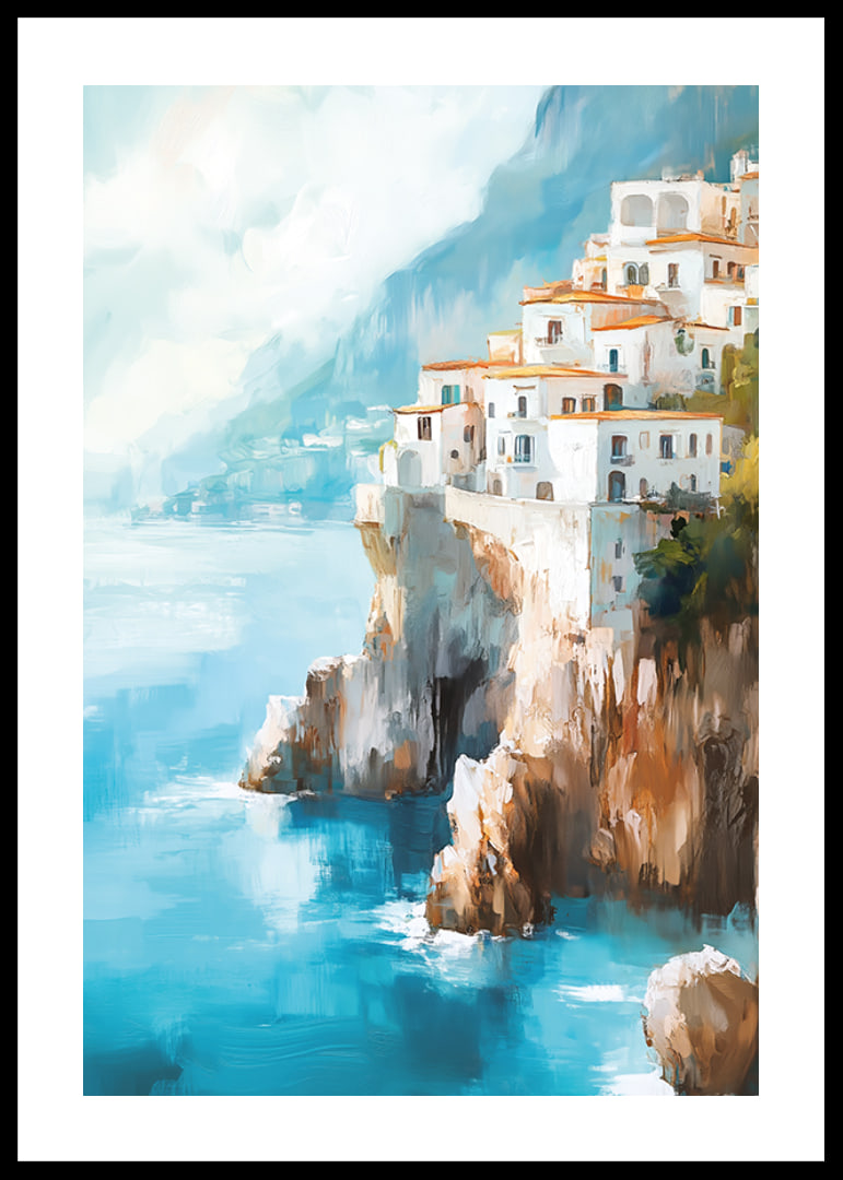 A poster of a picturesque coastal town climbing up dramatic cliffs by the blue Mediterranean Sea-12