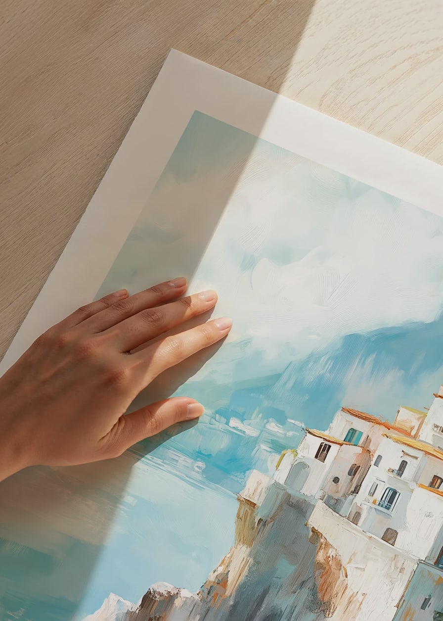 A poster of a picturesque coastal town climbing up dramatic cliffs by the blue Mediterranean Sea-12