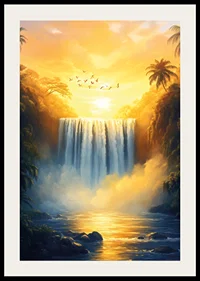 A poster of a golden waterfall surrounded by lush jungle in the warm light of sunset-2