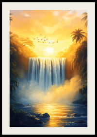 En plakat av en gylden foss omgitt av frodig jungel i solnedgangens varme lys-2
