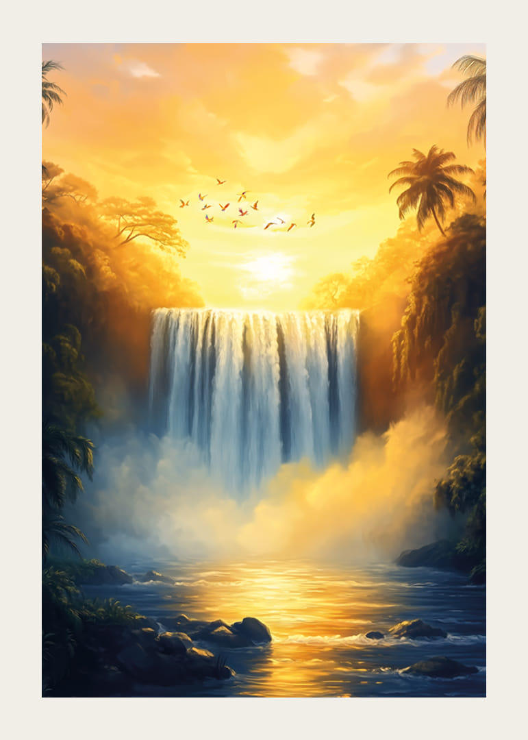 En plakat av en gylden foss omgitt av frodig jungel i solnedgangens varme lys-12