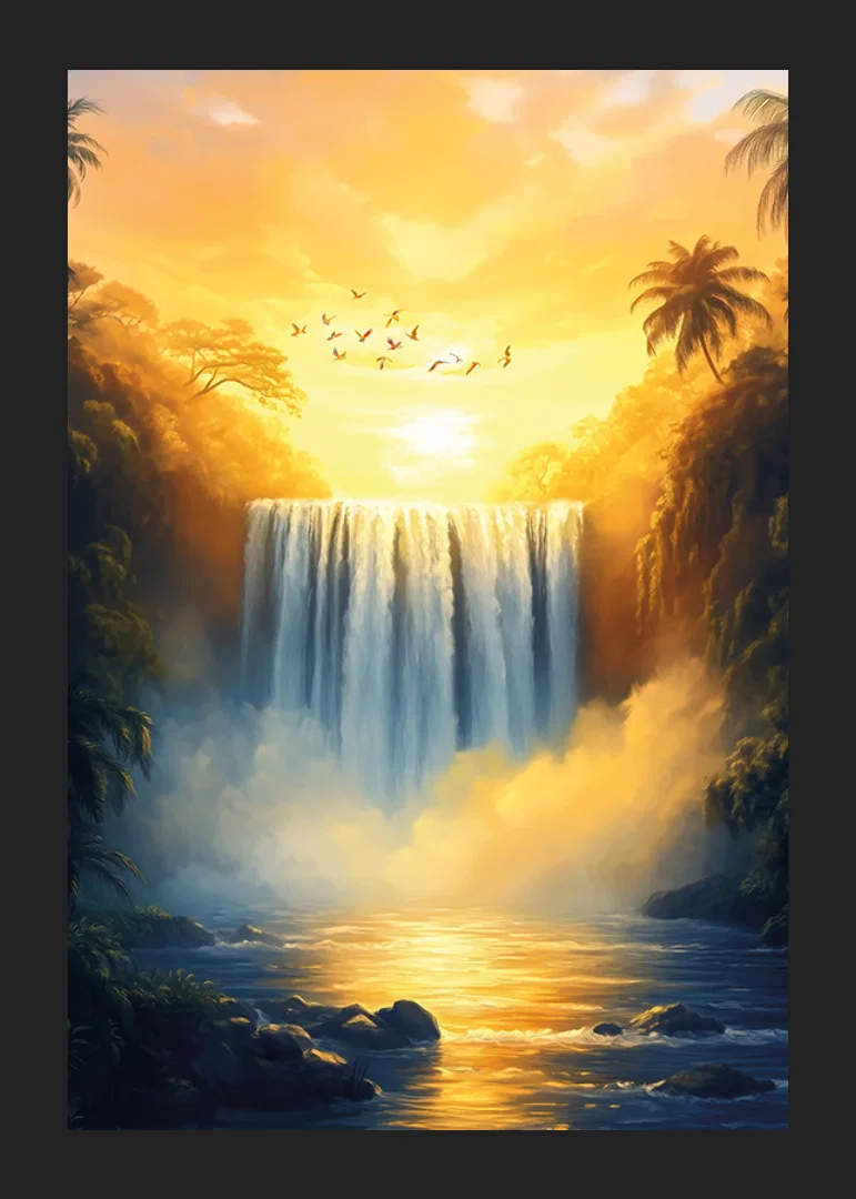 A poster of a golden waterfall surrounded by lush jungle in the warm light of sunset-12