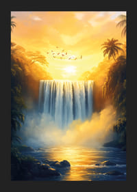 En plakat av en gylden foss omgitt av frodig jungel i solnedgangens varme lys-5