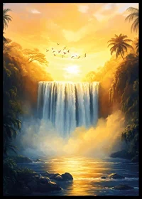 A poster of a golden waterfall surrounded by lush jungle in the warm light of sunset-6