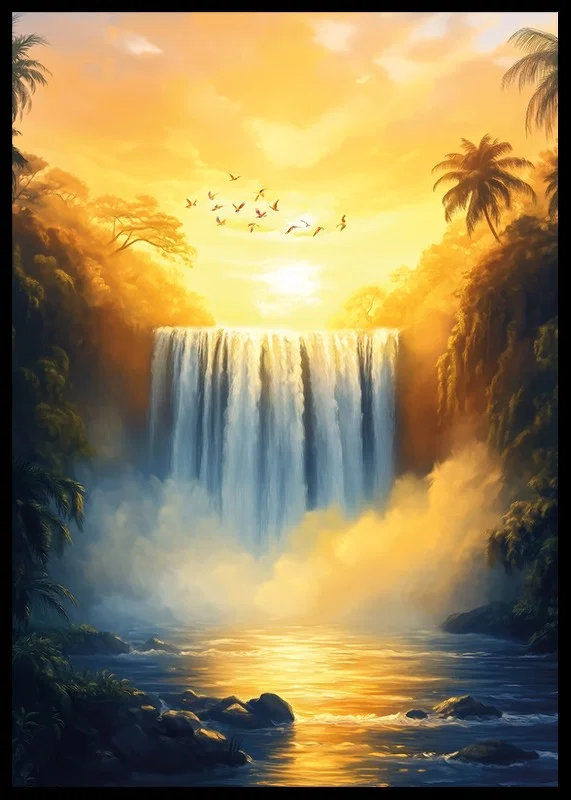 A poster of a golden waterfall surrounded by lush jungle in the warm light of sunset-12