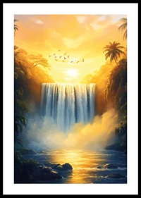 A poster of a golden waterfall surrounded by lush jungle in the warm light of sunset-0