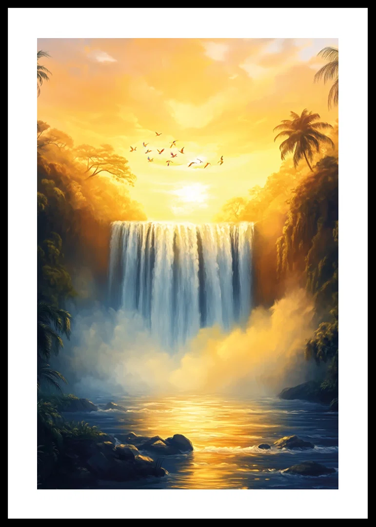 A poster of a golden waterfall surrounded by lush jungle in the warm light of sunset-12