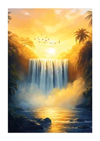 A poster of a golden waterfall surrounded by lush jungle in the warm light of sunset-1