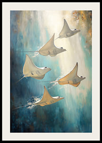 Une affiche de rayons flottant dans l'eau bleu profond, illuminée par des rayons de lumière dorés-2