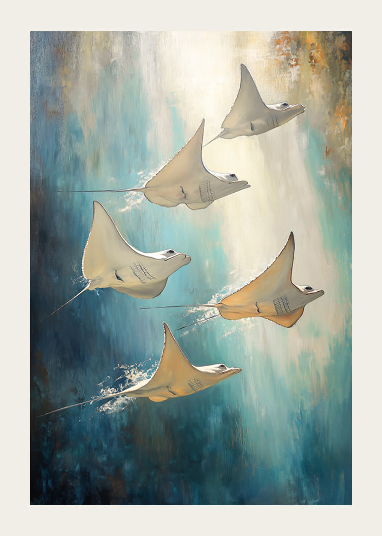 Une affiche de rayons flottant dans l'eau bleu profond, illuminée par des rayons de lumière dorés-12