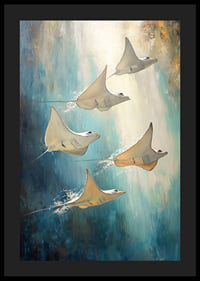 Une affiche de rayons flottant dans l'eau bleu profond, illuminée par des rayons de lumière dorés-4