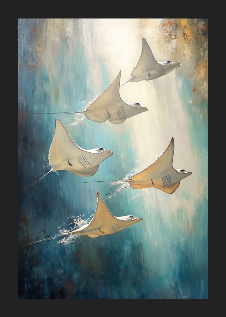 Une affiche de rayons flottant dans l'eau bleu profond, illuminée par des rayons de lumière dorés-12