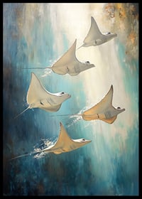 Une affiche de rayons flottant dans l'eau bleu profond, illuminée par des rayons de lumière dorés-6