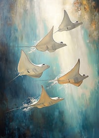 Une affiche de rayons flottant dans l'eau bleu profond, illuminée par des rayons de lumière dorés-7
