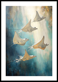 Une affiche de rayons flottant dans l'eau bleu profond, illuminée par des rayons de lumière dorés-0