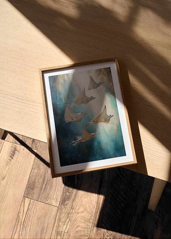 Une affiche de rayons flottant dans l'eau bleu profond, illuminée par des rayons de lumière dorés-12