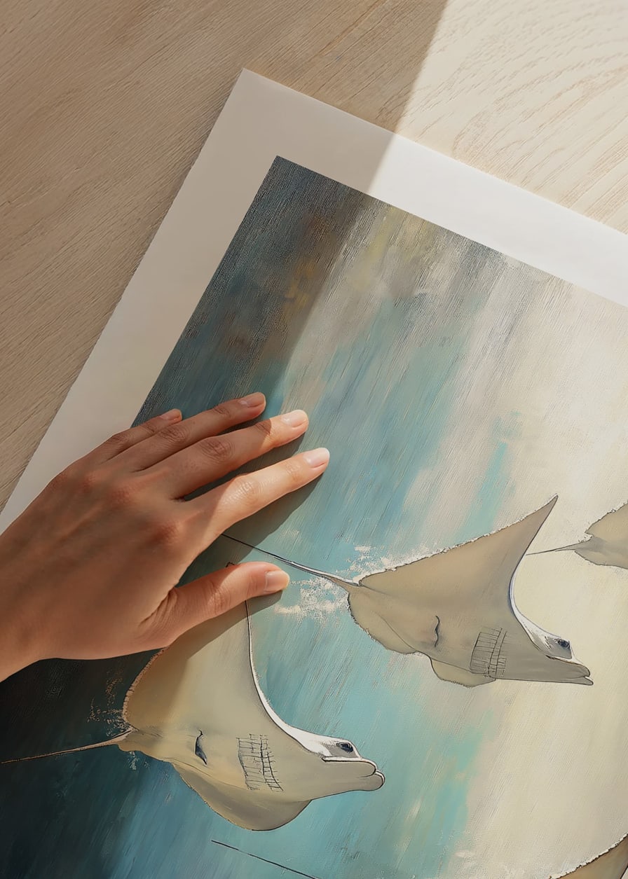 Une affiche de rayons flottant dans l'eau bleu profond, illuminée par des rayons de lumière dorés-12