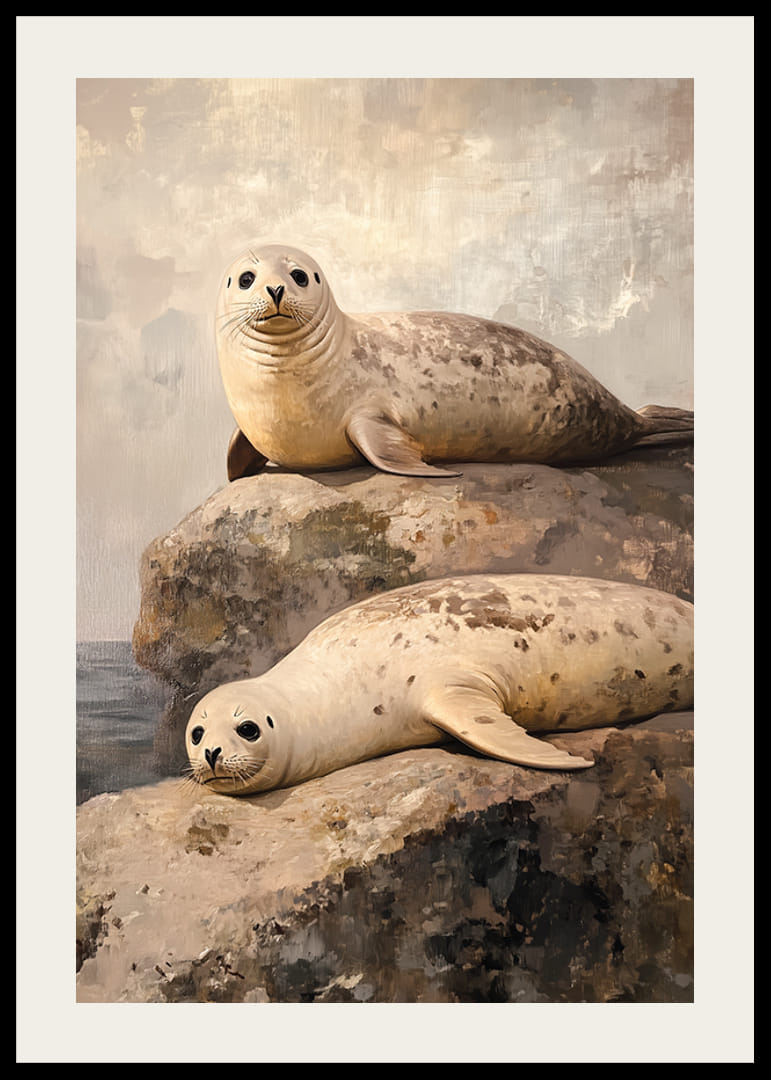 Um cartaz de duas focas a descansar em rochas à beira-mar, rodeadas por um ambiente costeiro tranquilo-12