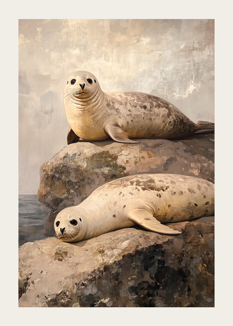 En poster av två sälar som vilar på klippor vid havet, omgivna av en rofylld kustmilj-12