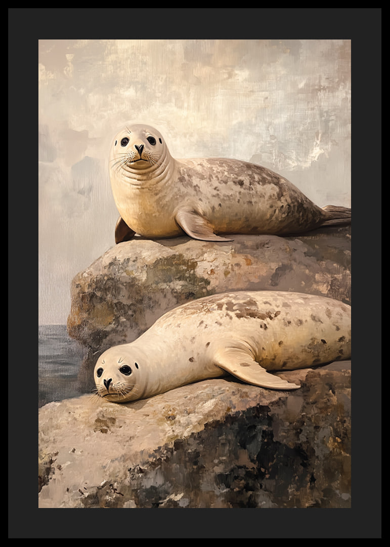 En poster av två sälar som vilar på klippor vid havet, omgivna av en rofylld kustmilj-12