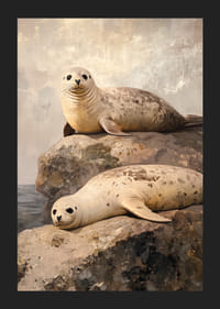 Um cartaz de duas focas a descansar em rochas à beira-mar, rodeadas por um ambiente costeiro tranquilo-5