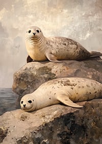 En poster av två sälar som vilar på klippor vid havet, omgivna av en rofylld kustmilj-7