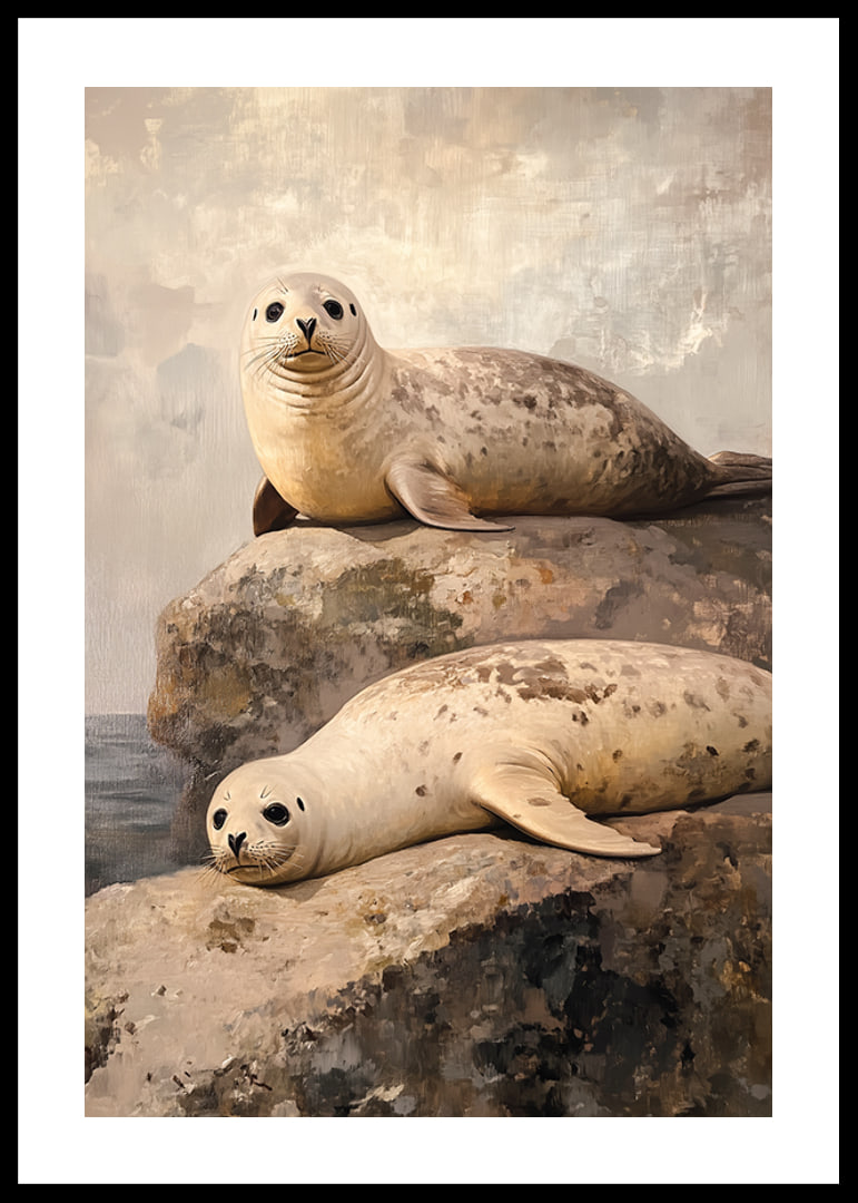 En poster av två sälar som vilar på klippor vid havet, omgivna av en rofylld kustmilj-12