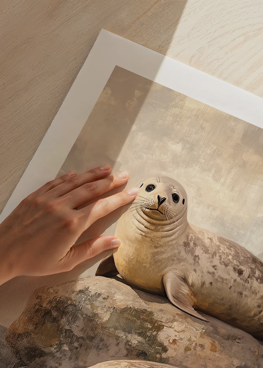 En poster av två sälar som vilar på klippor vid havet, omgivna av en rofylld kustmilj-12