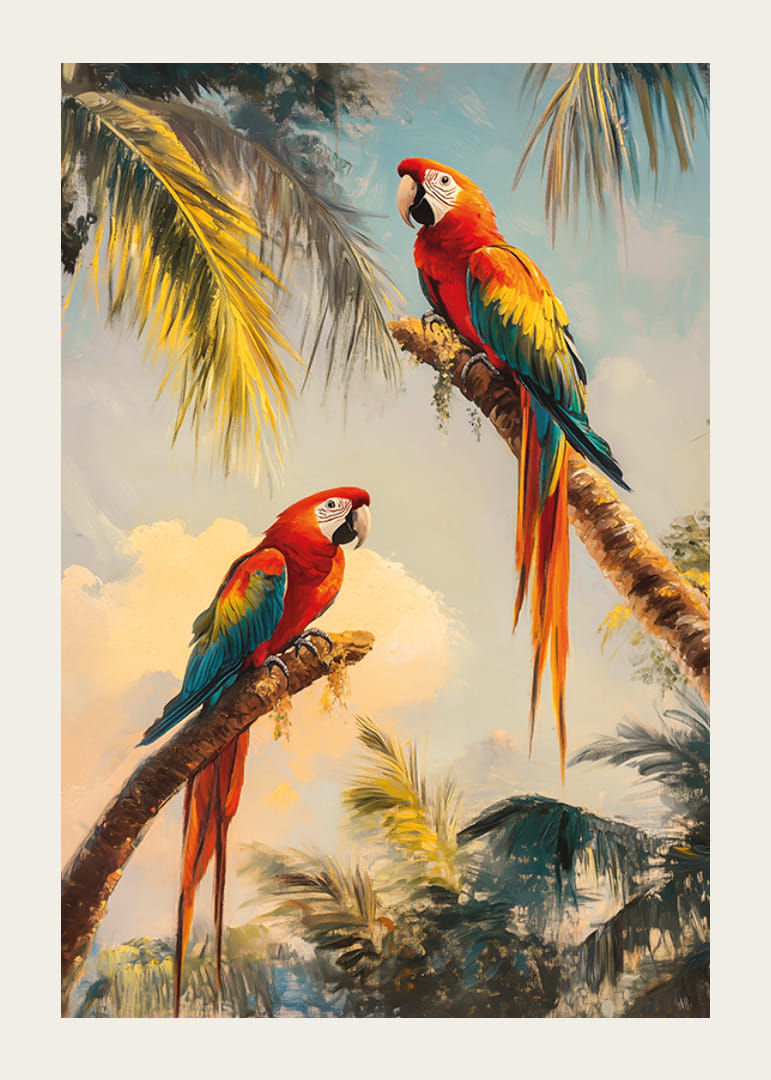 Plagát dvoch nádherných papagájov odpočívajúcich na palmových vetvách v tropickej džungli-12