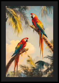 Plagát dvoch nádherných papagájov odpočívajúcich na palmových vetvách v tropickej džungli-4