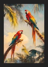 Plagát dvoch nádherných papagájov odpočívajúcich na palmových vetvách v tropickej džungli-5