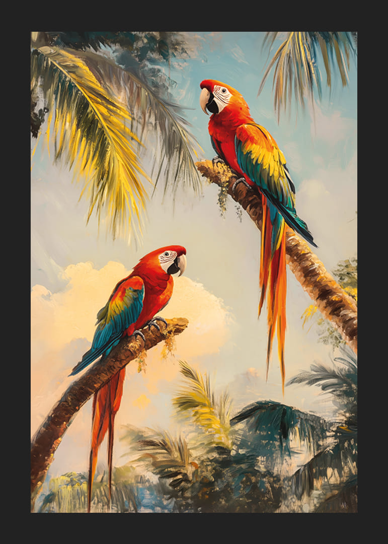 Plagát dvoch nádherných papagájov odpočívajúcich na palmových vetvách v tropickej džungli-12