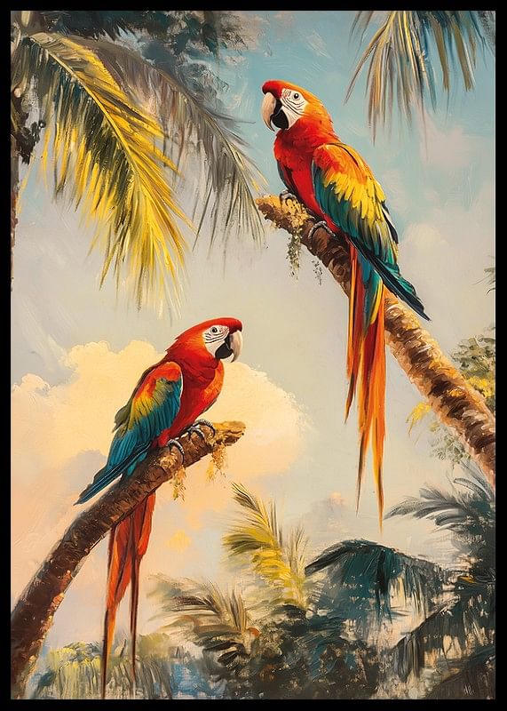 Un afiș cu doi papagali magnifici care se odihnesc pe ramuri de palmier într-o junglă tropicală-12