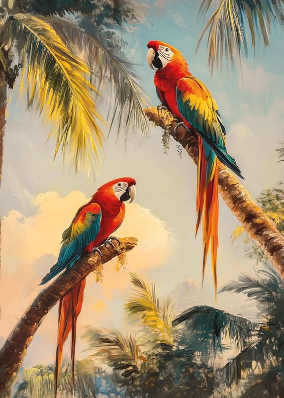 Un afiș cu doi papagali magnifici care se odihnesc pe ramuri de palmier într-o junglă tropicală-12