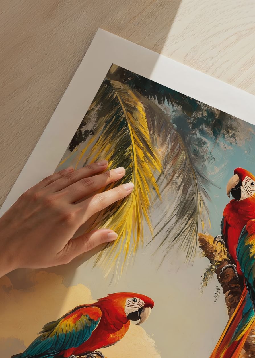 Un afiș cu doi papagali magnifici care se odihnesc pe ramuri de palmier într-o junglă tropicală-12