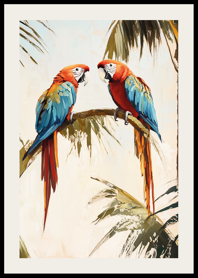 A poster of two parrots resting on a palm branch in a tropical setting-12