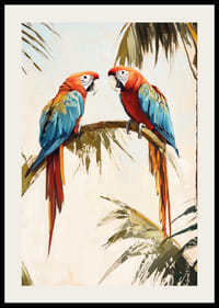 En poster av två papegojor som vilar på en palmgren i en tropisk miljö-2