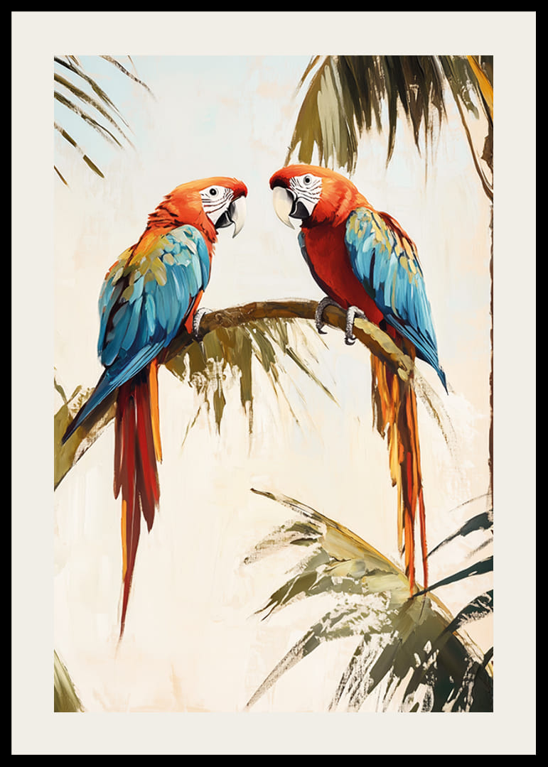 En poster av två papegojor som vilar på en palmgren i en tropisk miljö-12